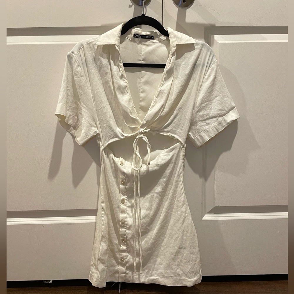 ZARA Cut-Out Linen Blend Dress Size XS NWOT